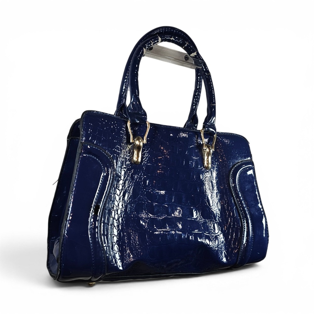 Satchel Handbag Womens Medium Blue Fair Croc Embossed Patent Glossy